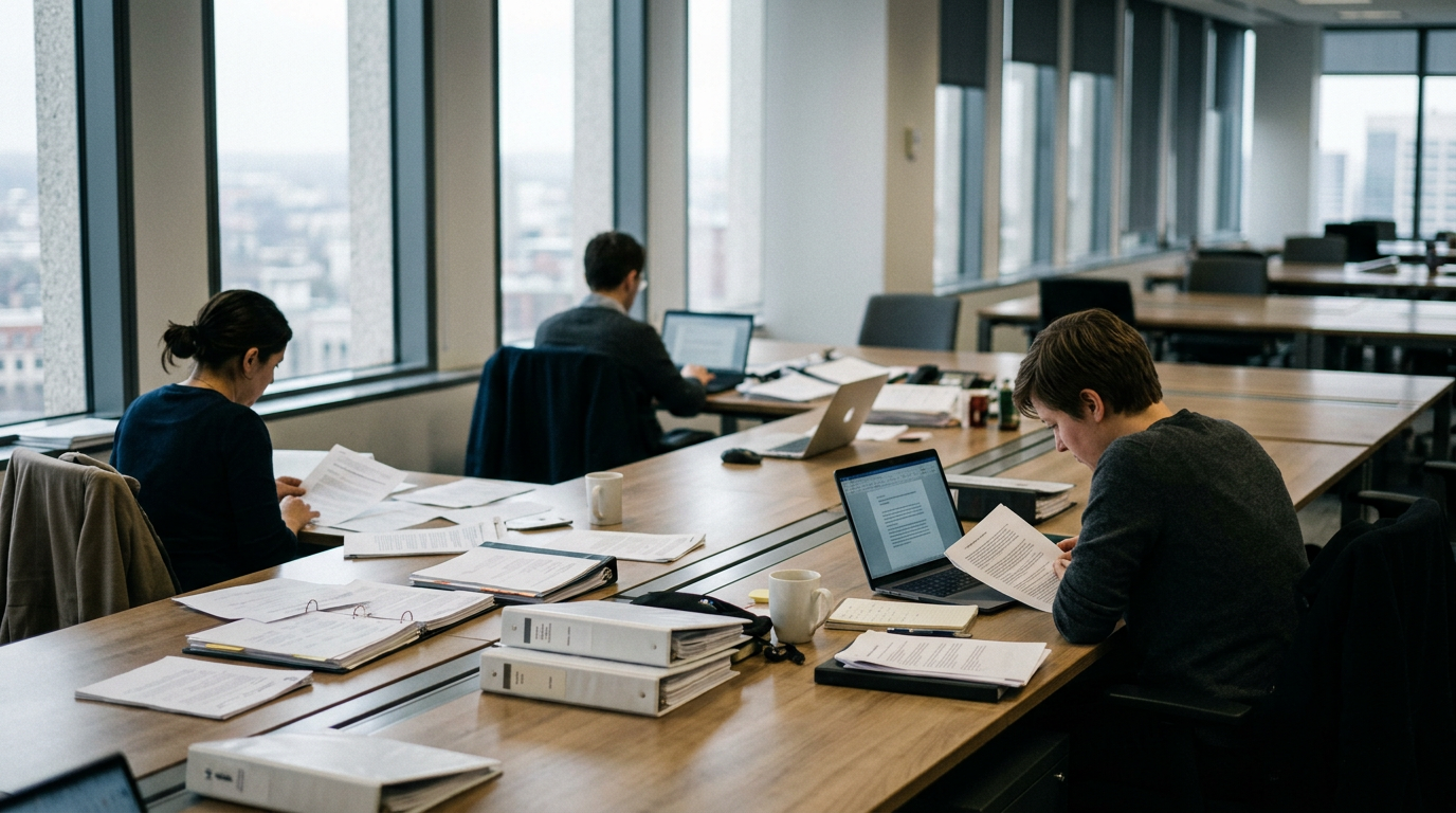 Journalists working at long wooden desks in a quiet newsroom with tall windows.