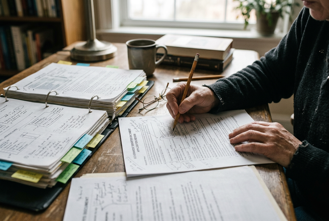 Hands marking a printed benefits document with a pencil beside an open reference binder.