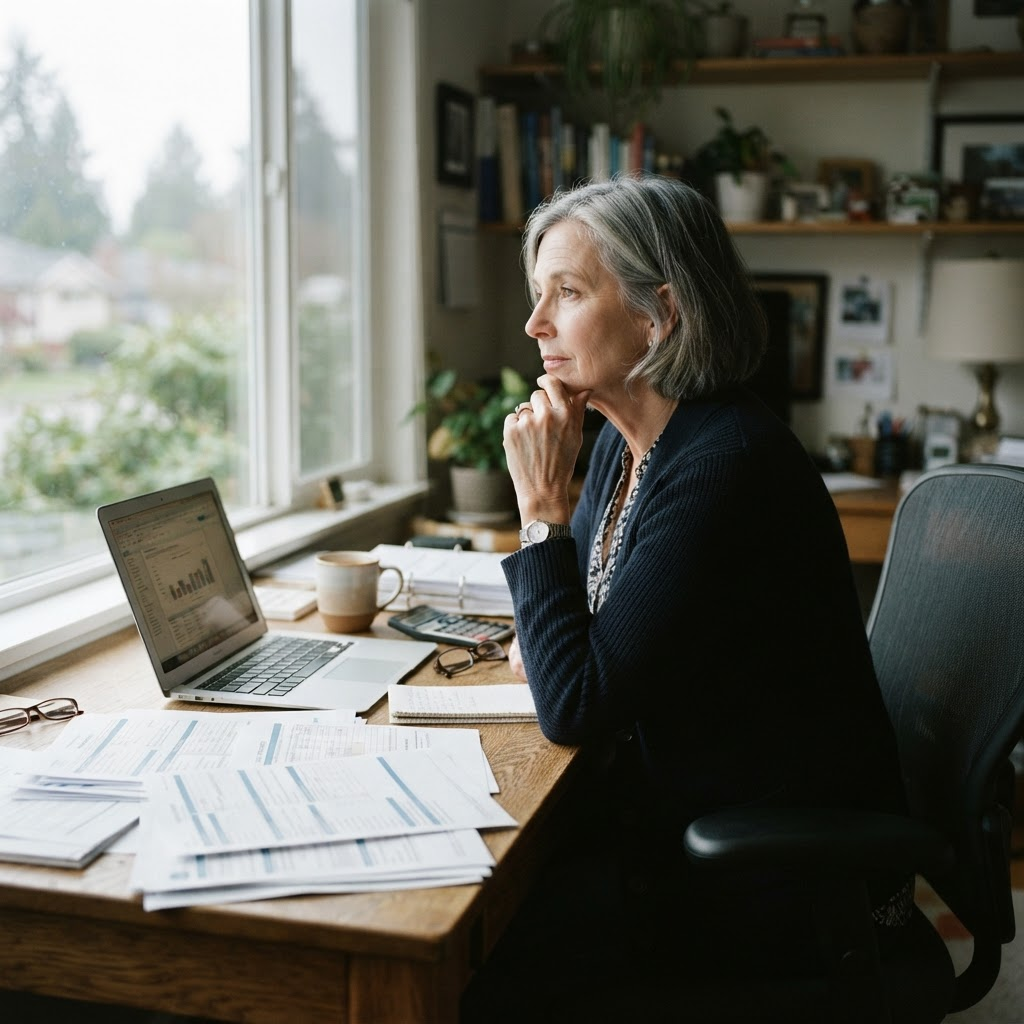 A woman in her early sixties reviews retirement paperwork at a desk by a window.