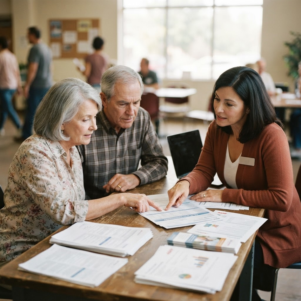 An older couple compares Medicare plan paperwork with a counselor at a table.