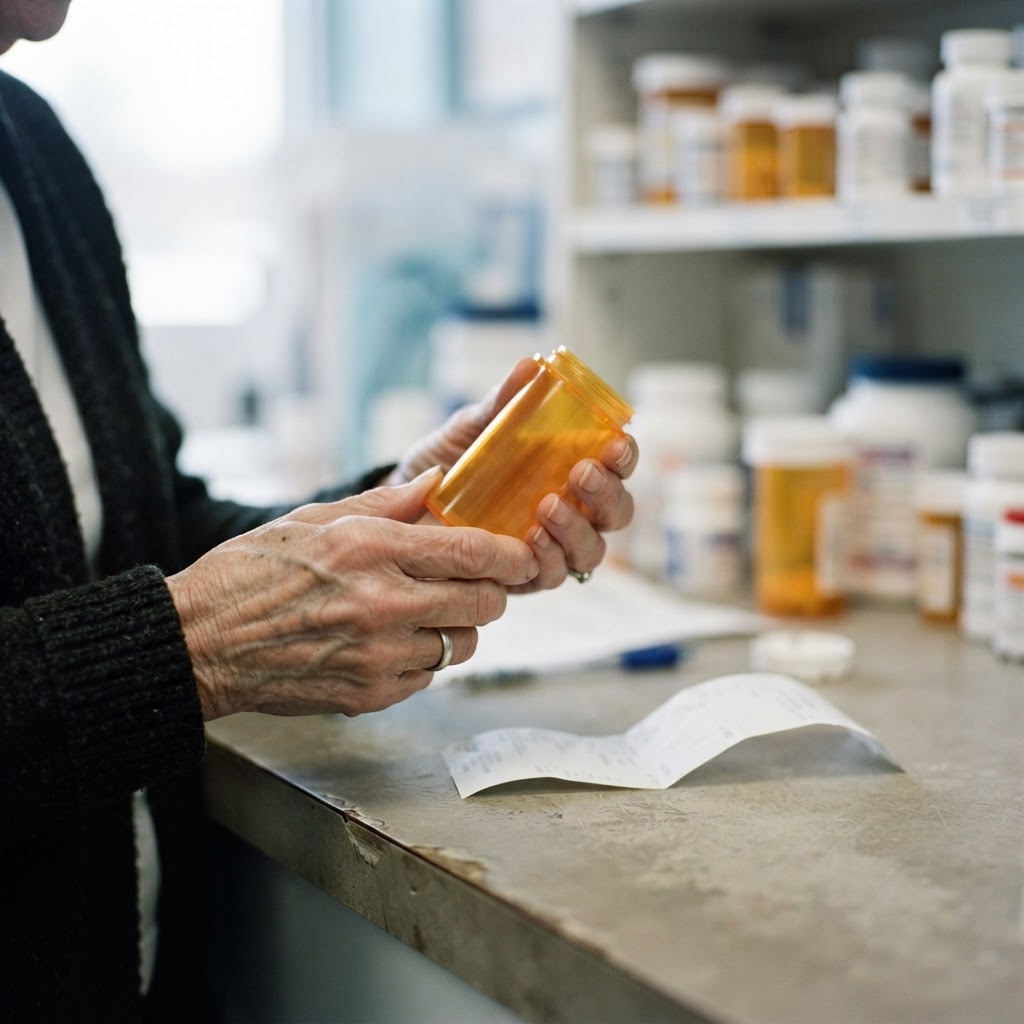 Older hands hold a prescription bottle at a pharmacy counter.