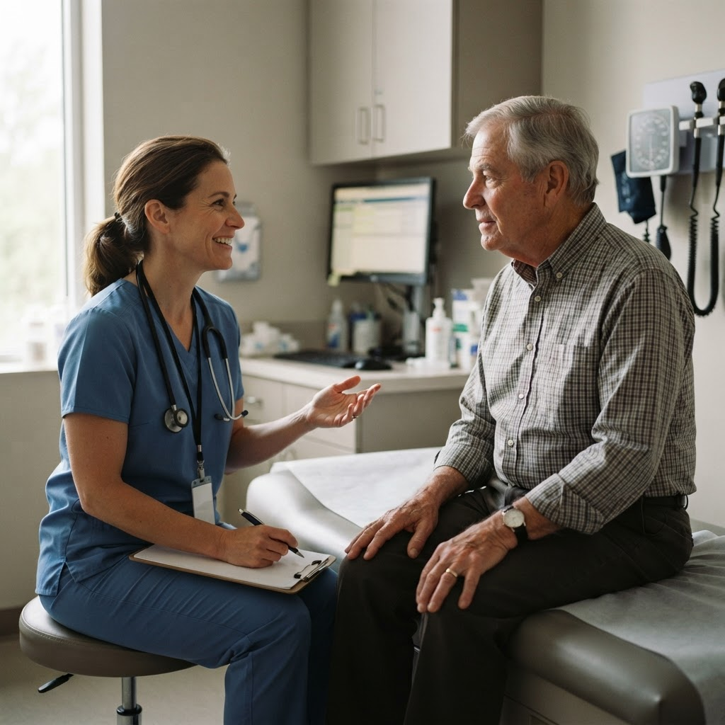 A doctor speaks with an older patient in an exam room.