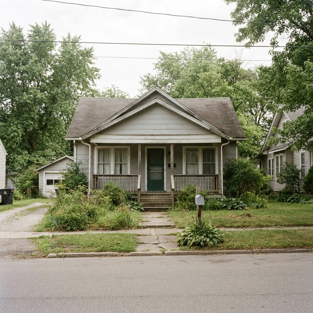 Exterior of a modest older single-family home on a quiet suburban street.